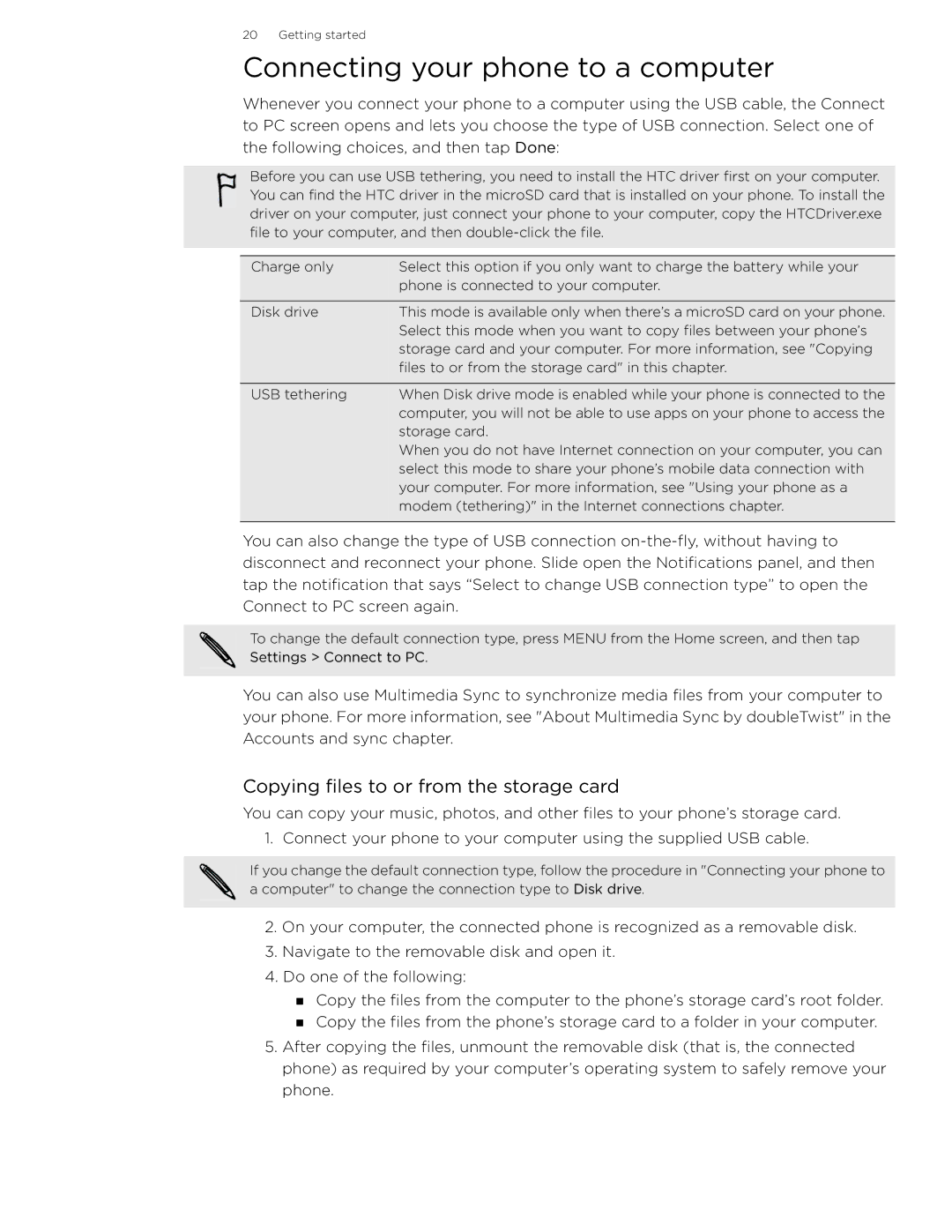 HTC 99HLR002-00 manual Connecting your phone to a computer, Copying files to or from the storage card 