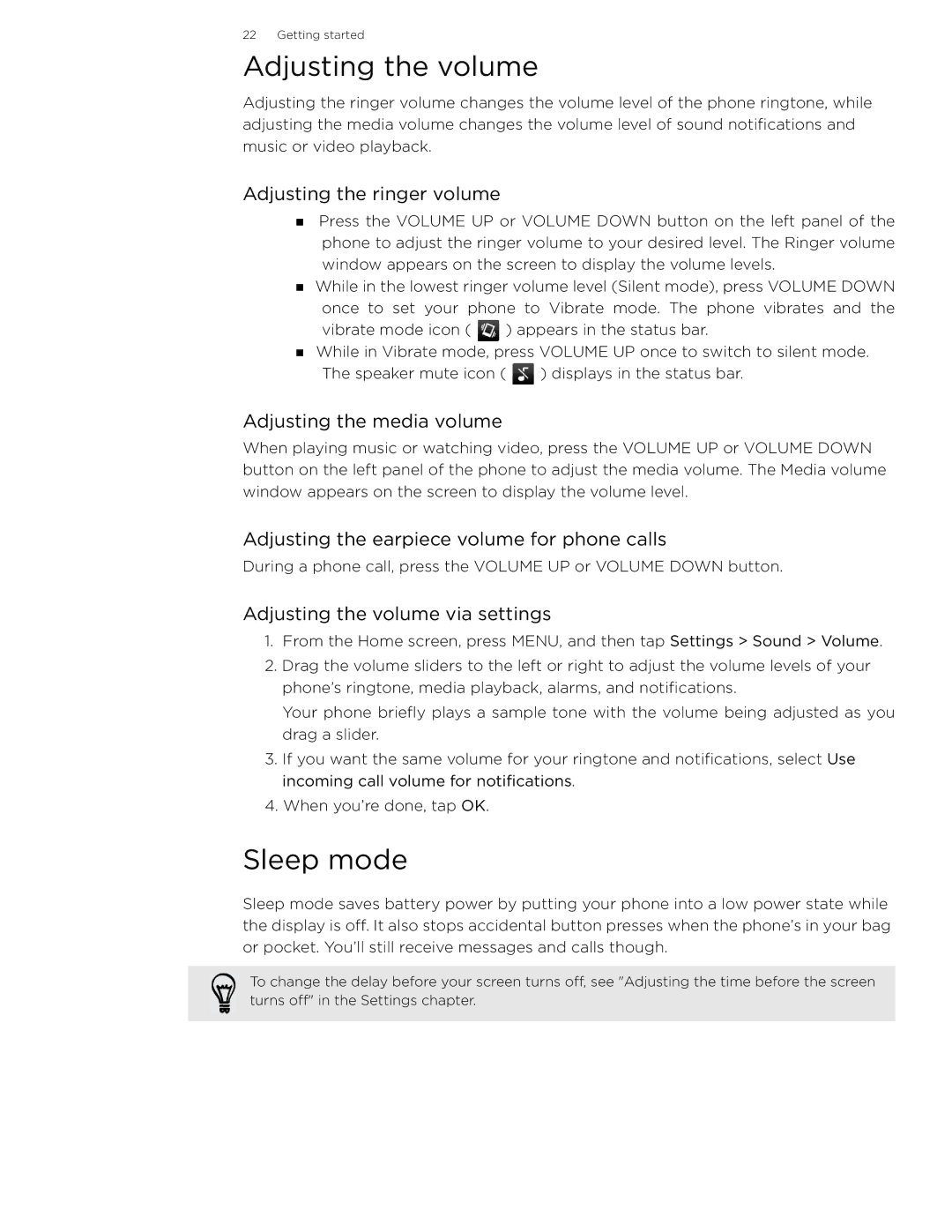 HTC 99HLR002-00 manual Adjusting the volume, Sleep mode 