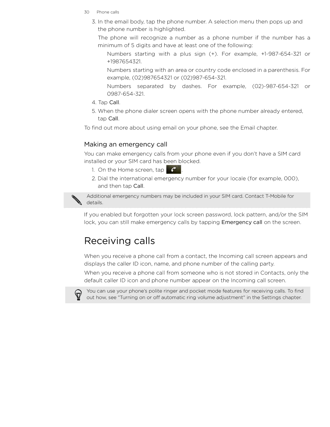 HTC 99HLR002-00 manual Receiving calls, Making an emergency call 