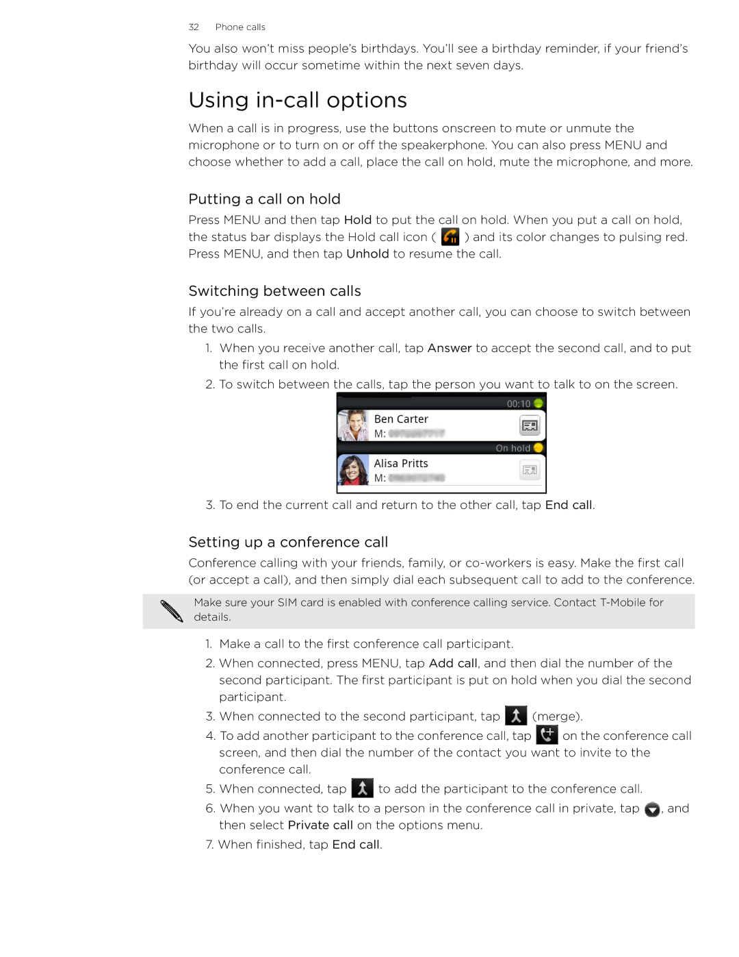 HTC 99HLR002-00 manual Using in-call options, Putting a call on hold, Switching between calls, Setting up a conference call 