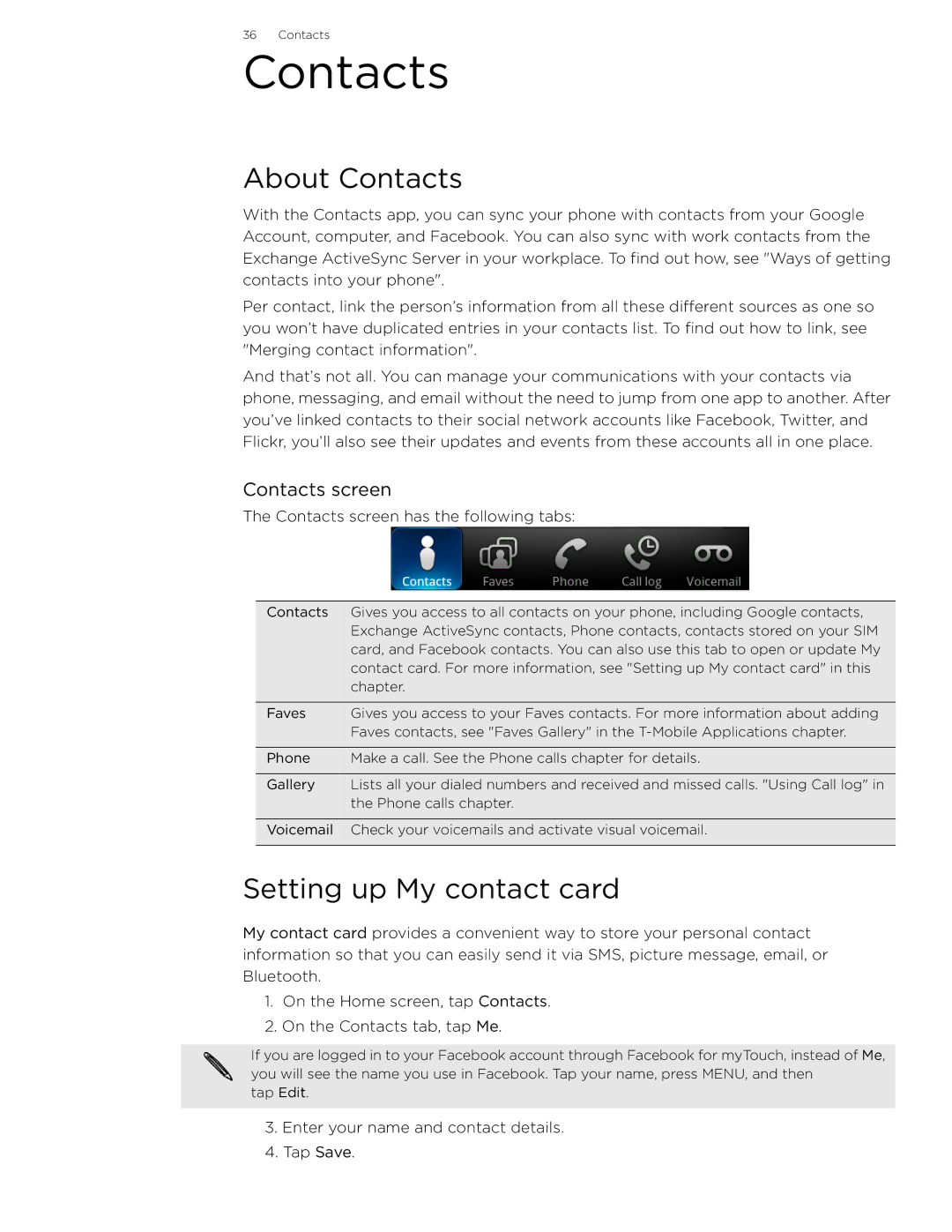 HTC 99HLR002-00 manual About Contacts, Setting up My contact card, Contacts screen 