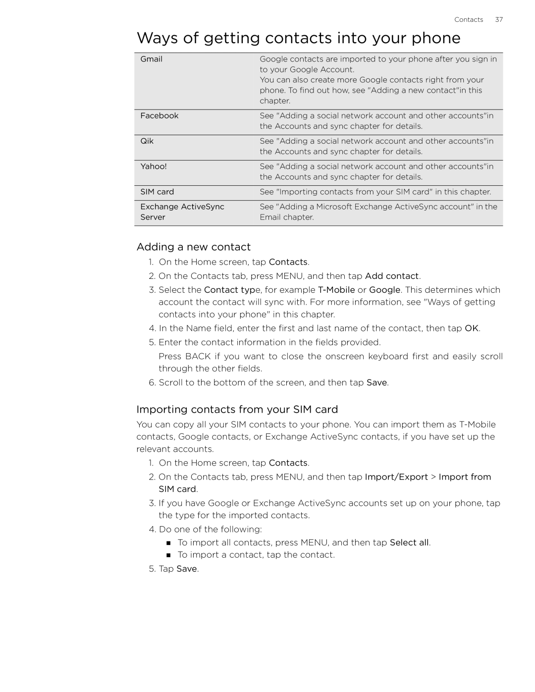 HTC 99HLR002-00 Ways of getting contacts into your phone, Adding a new contact, Importing contacts from your SIM card 