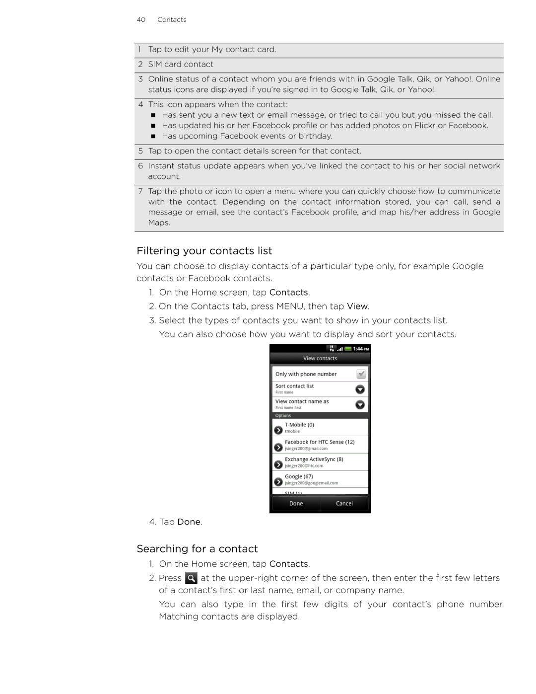 HTC 99HLR002-00 manual Filtering your contacts list, Searching for a contact 