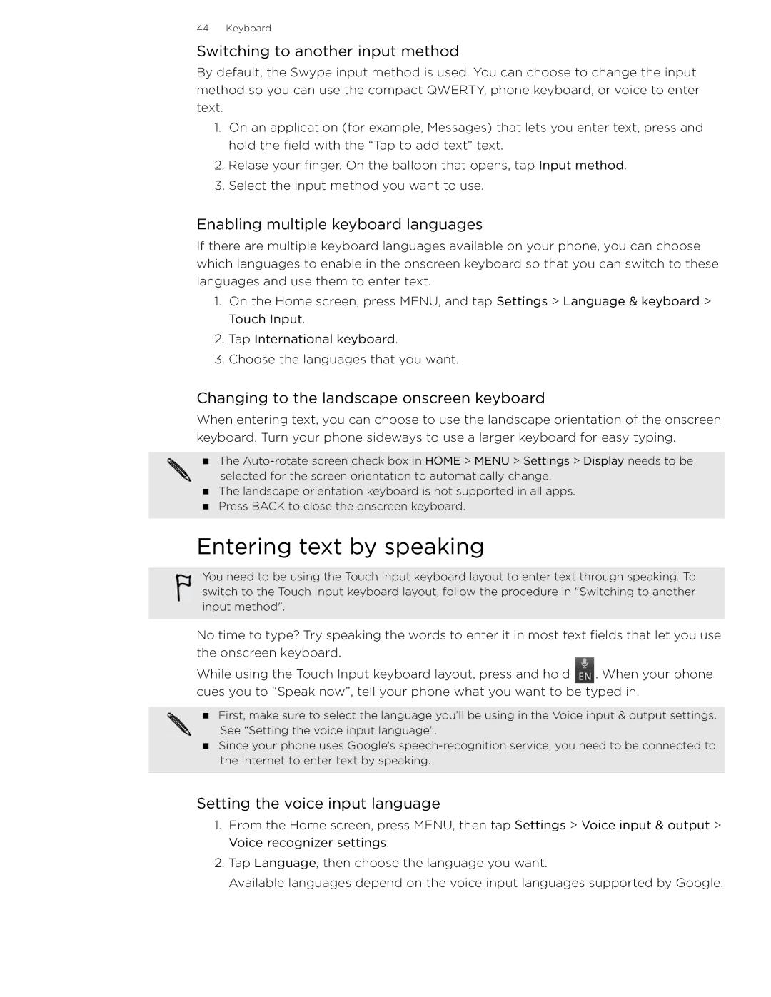 HTC 99HLR002-00 manual Entering text by speaking, Switching to another input method, Enabling multiple keyboard languages 