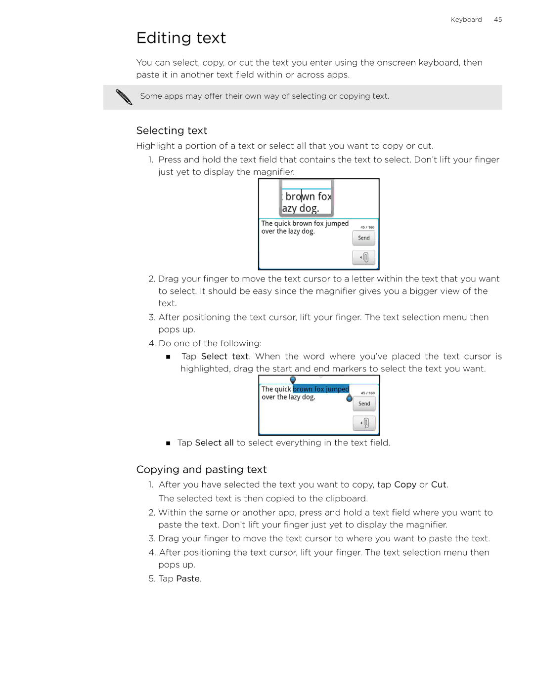 HTC 99HLR002-00 manual Editing text, Selecting text, Copying and pasting text 