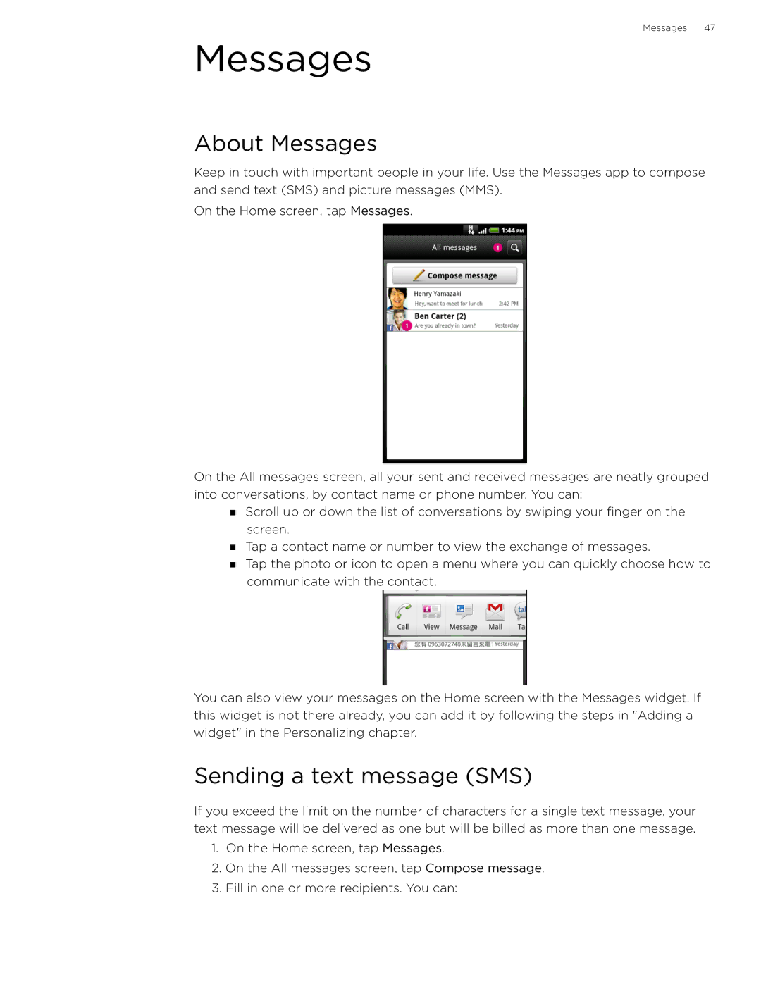 HTC 99HLR002-00 manual About Messages, Sending a text message SMS 