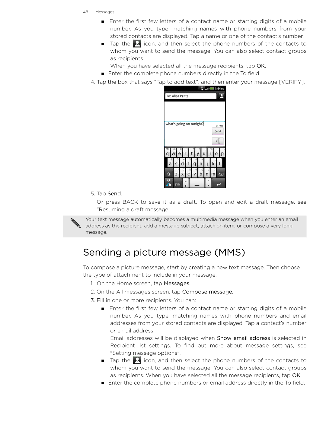 HTC 99HLR002-00 manual Sending a picture message MMS 