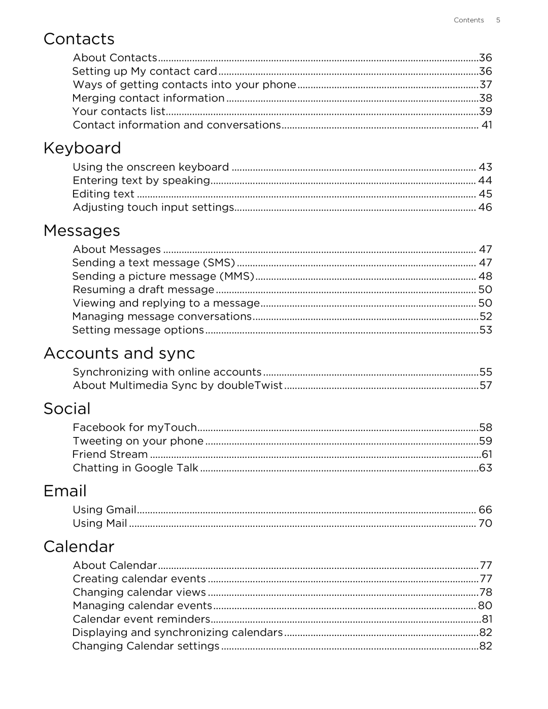 HTC 99HLR002-00 manual Contacts, Keyboard, Messages, Accounts and sync, Social, Calendar 