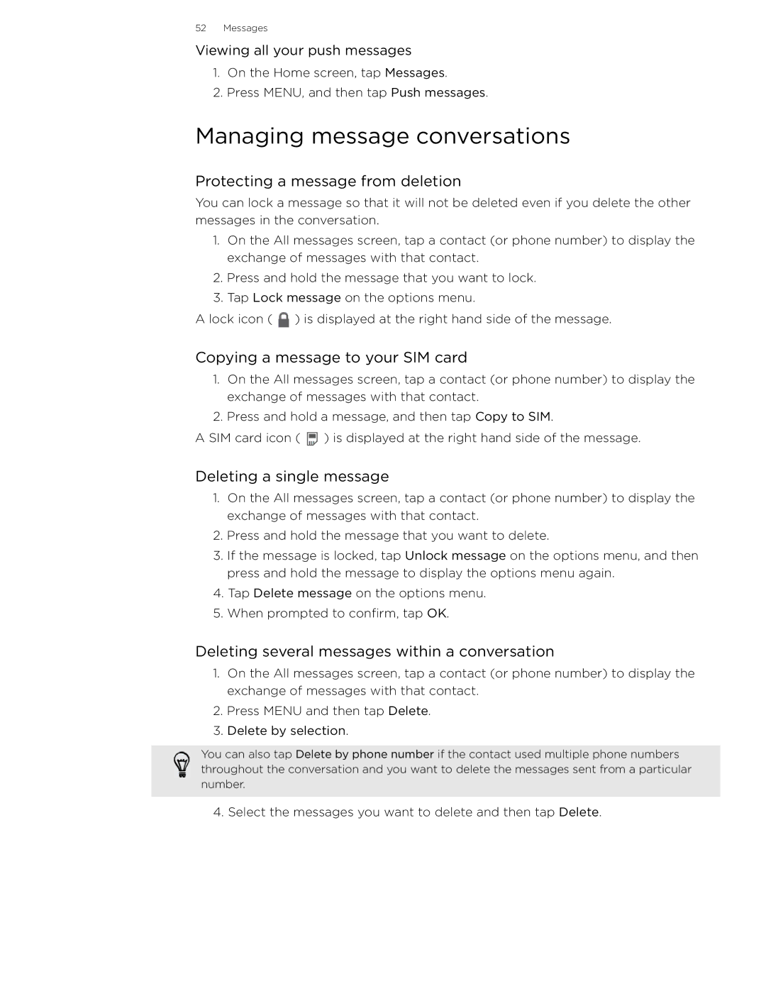 HTC 99HLR002-00 Managing message conversations, Protecting a message from deletion, Copying a message to your SIM card 