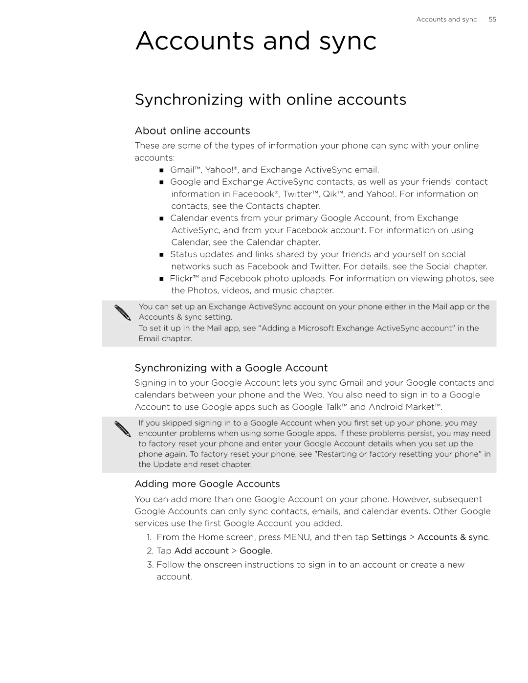 HTC 99HLR002-00 Accounts and sync, Synchronizing with online accounts, About online accounts, Adding more Google Accounts 