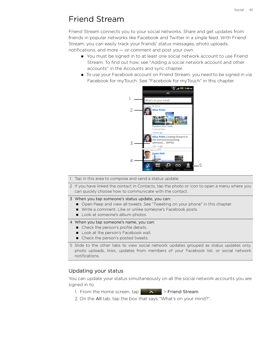 HTC 99HLR002-00 manual Friend Stream, Updating your status 