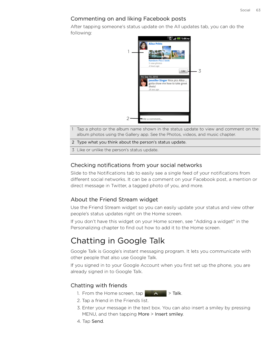 HTC 99HLR002-00 manual Chatting in Google Talk, Commenting on and liking Facebook posts, About the Friend Stream widget 