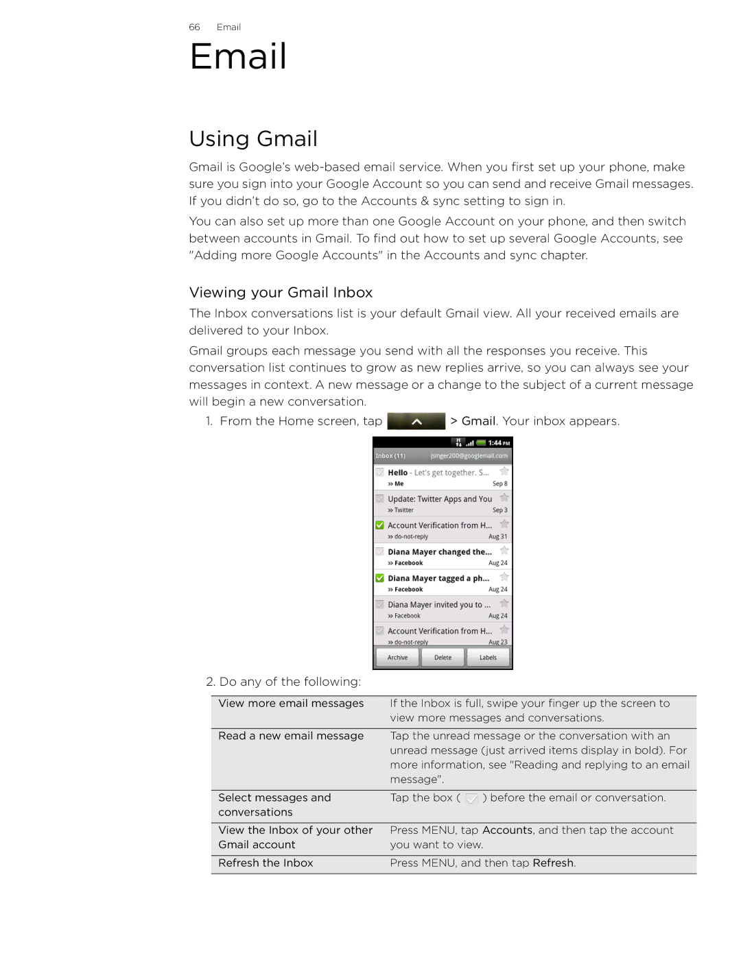 HTC 99HLR002-00 manual Using Gmail, Viewing your Gmail Inbox 