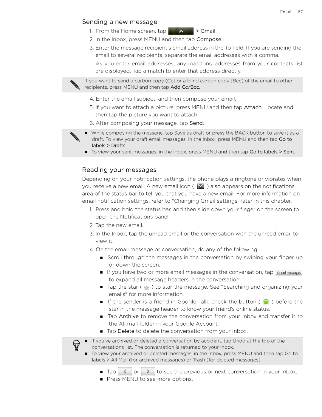 HTC 99HLR002-00 manual Sending a new message, Reading your messages 