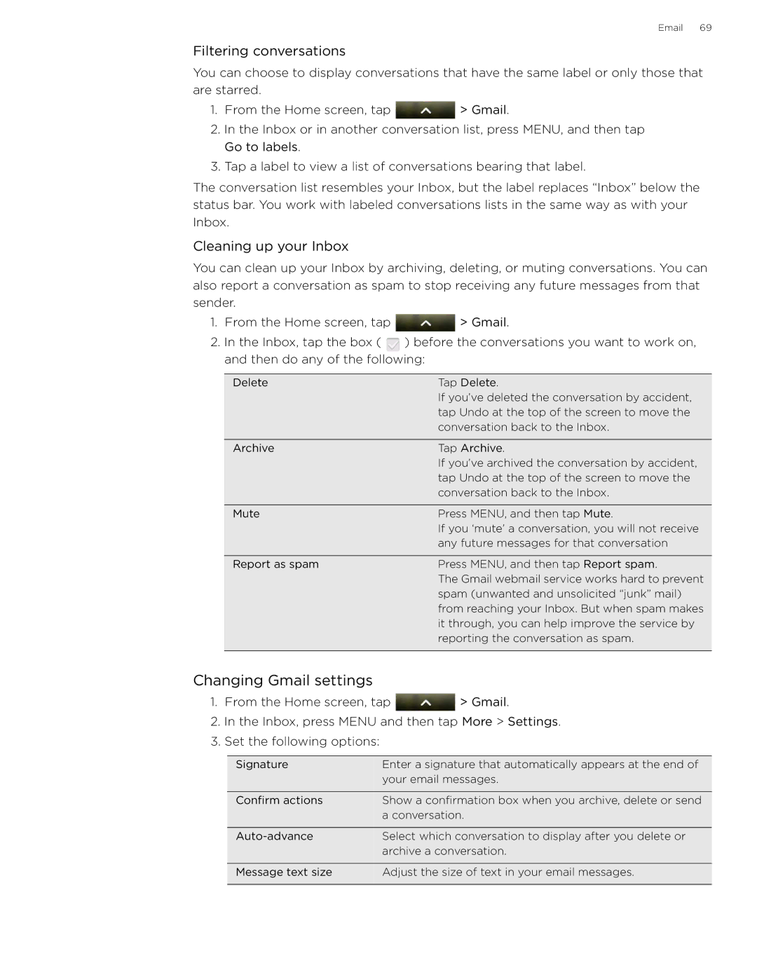 HTC 99HLR002-00 manual Changing Gmail settings, Filtering conversations, Cleaning up your Inbox 