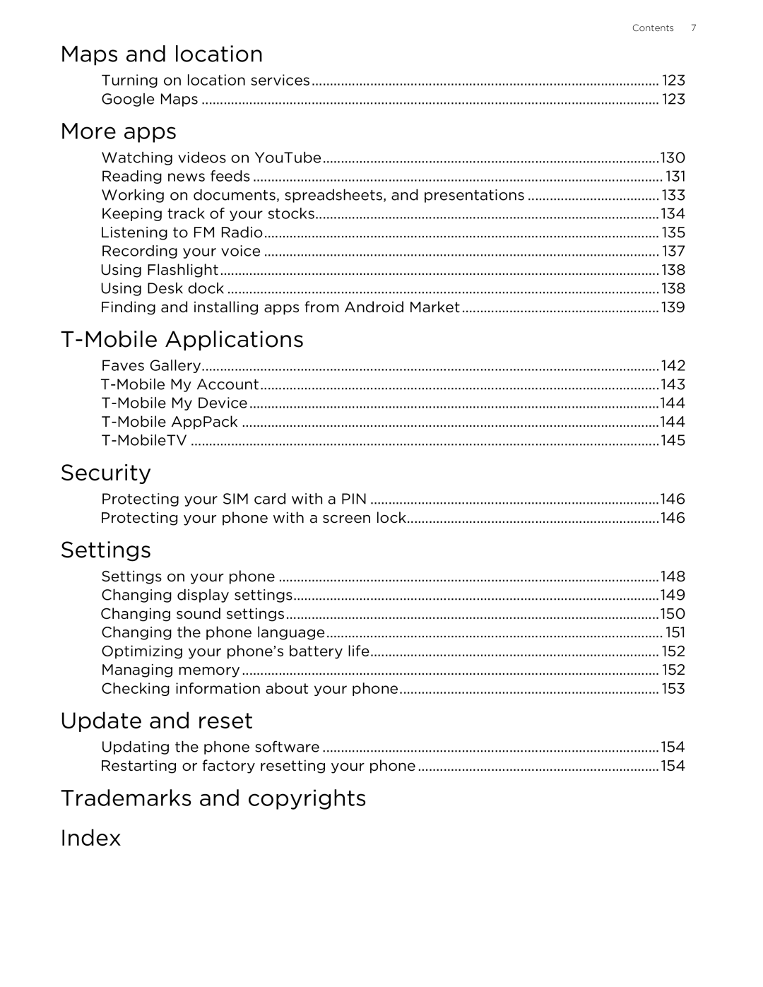 HTC 99HLR002-00 manual Maps and location, More apps, Mobile Applications, Security, Settings, Update and reset 