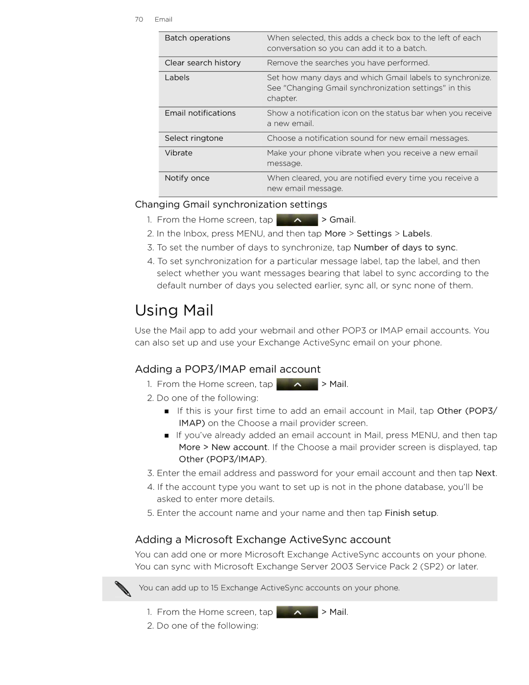 HTC 99HLR002-00 manual Using Mail, Adding a POP3/IMAP email account, Adding a Microsoft Exchange ActiveSync account 