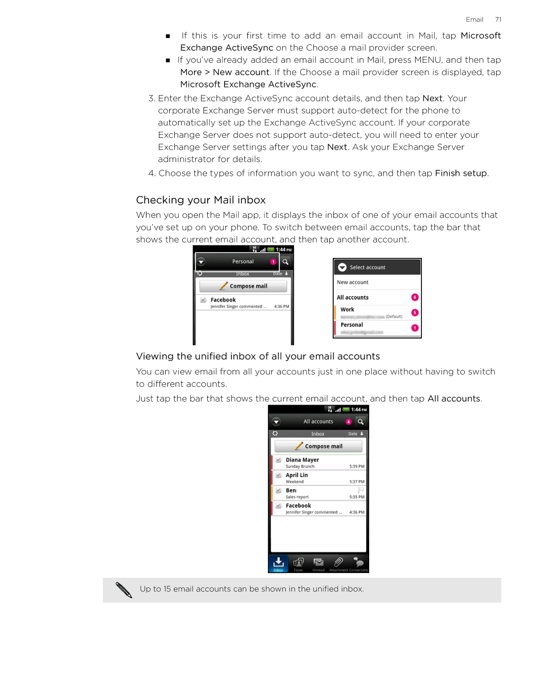 HTC 99HLR002-00 manual Checking your Mail inbox, Viewing the unified inbox of all your email accounts 