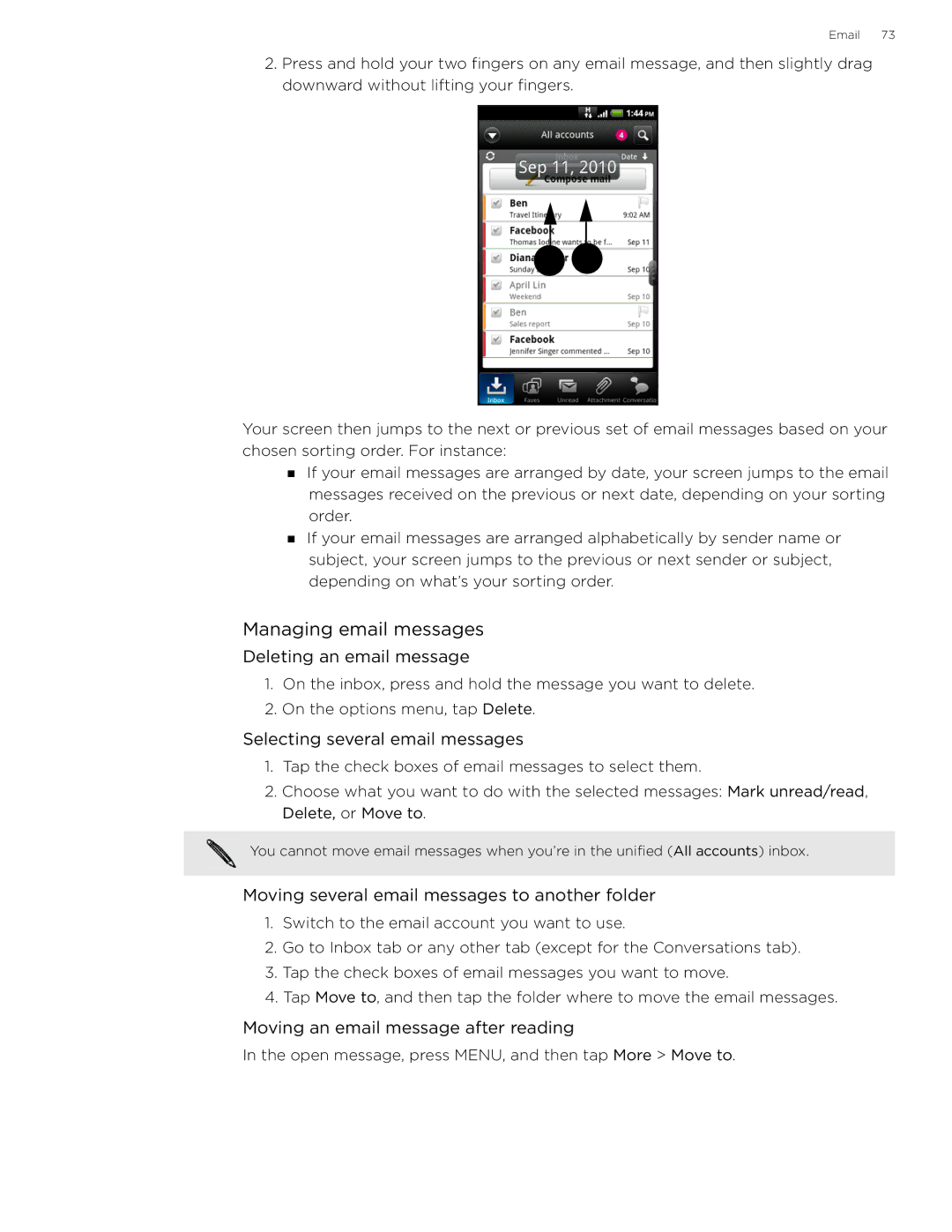 HTC 99HLR002-00 manual Managing email messages, Deleting an email message, Selecting several email messages 