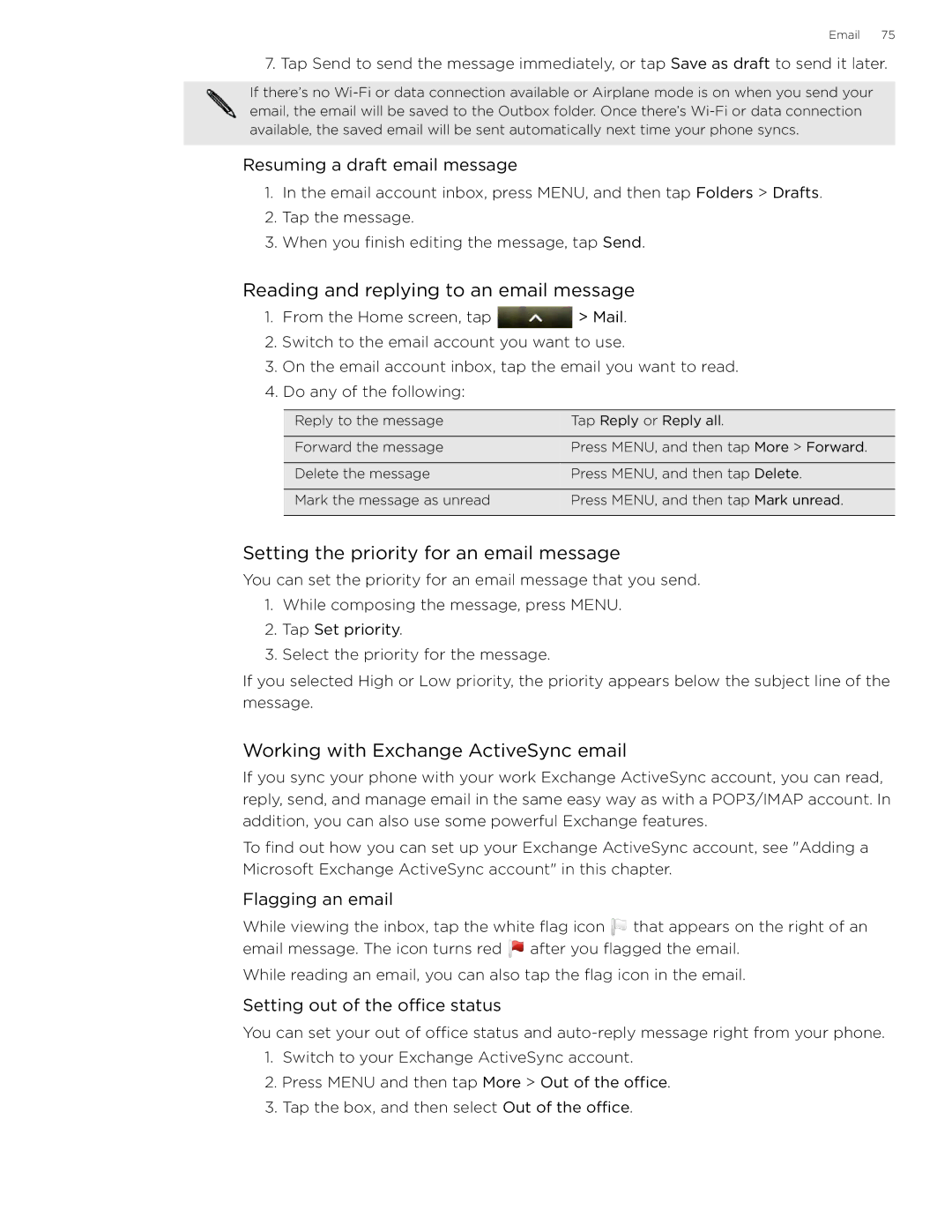 HTC 99HLR002-00 manual Reading and replying to an email message, Setting the priority for an email message 