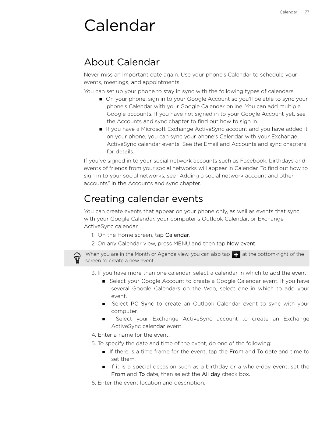 HTC 99HLR002-00 manual About Calendar, Creating calendar events 