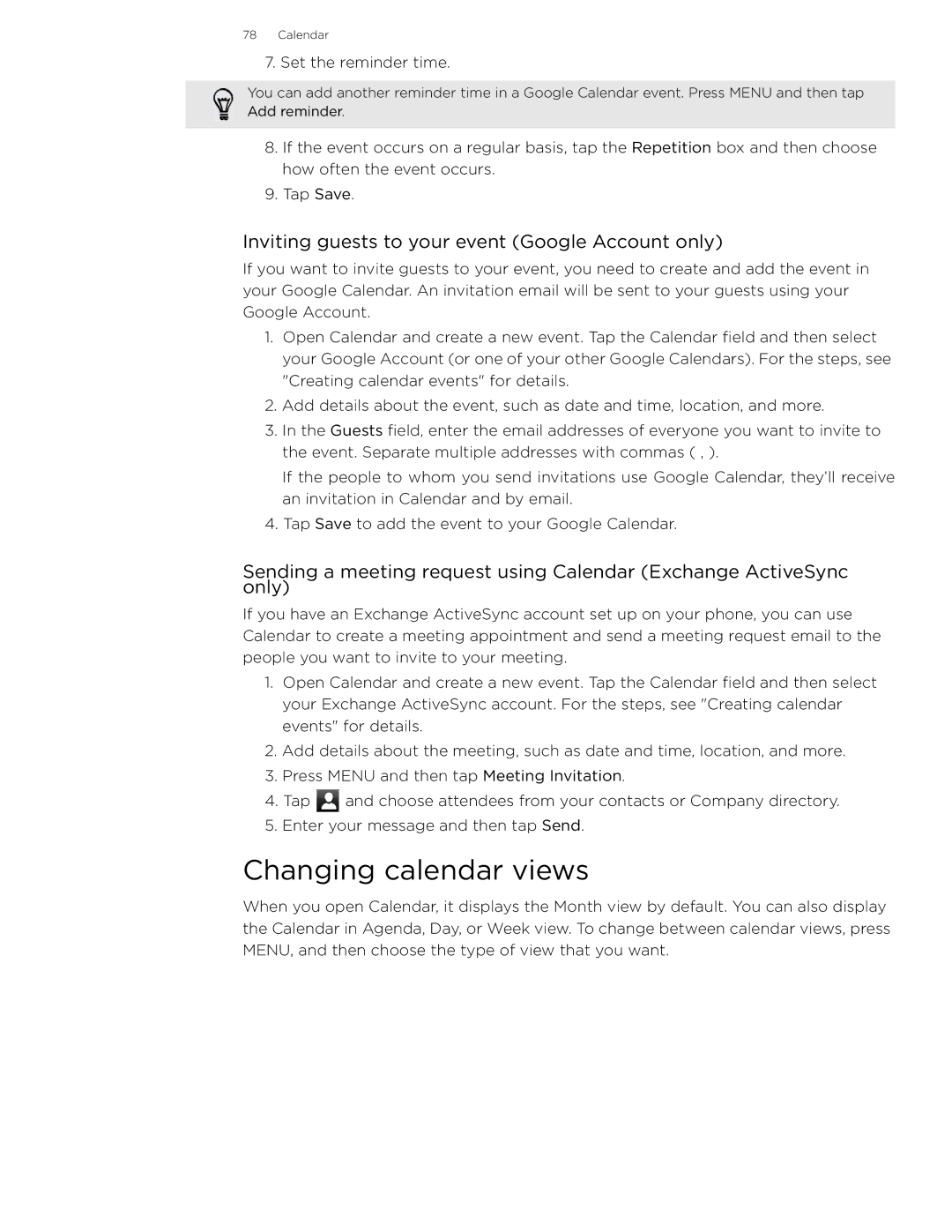 HTC 99HLR002-00 manual Changing calendar views, Inviting guests to your event Google Account only 