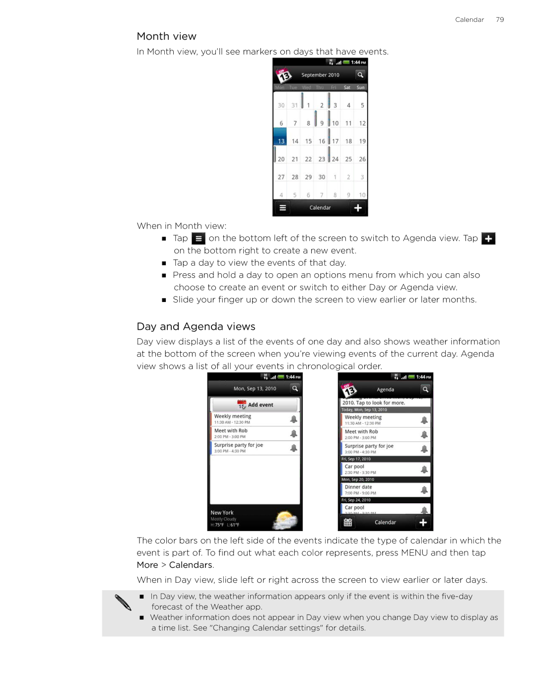 HTC 99HLR002-00 manual Month view, Day and Agenda views 