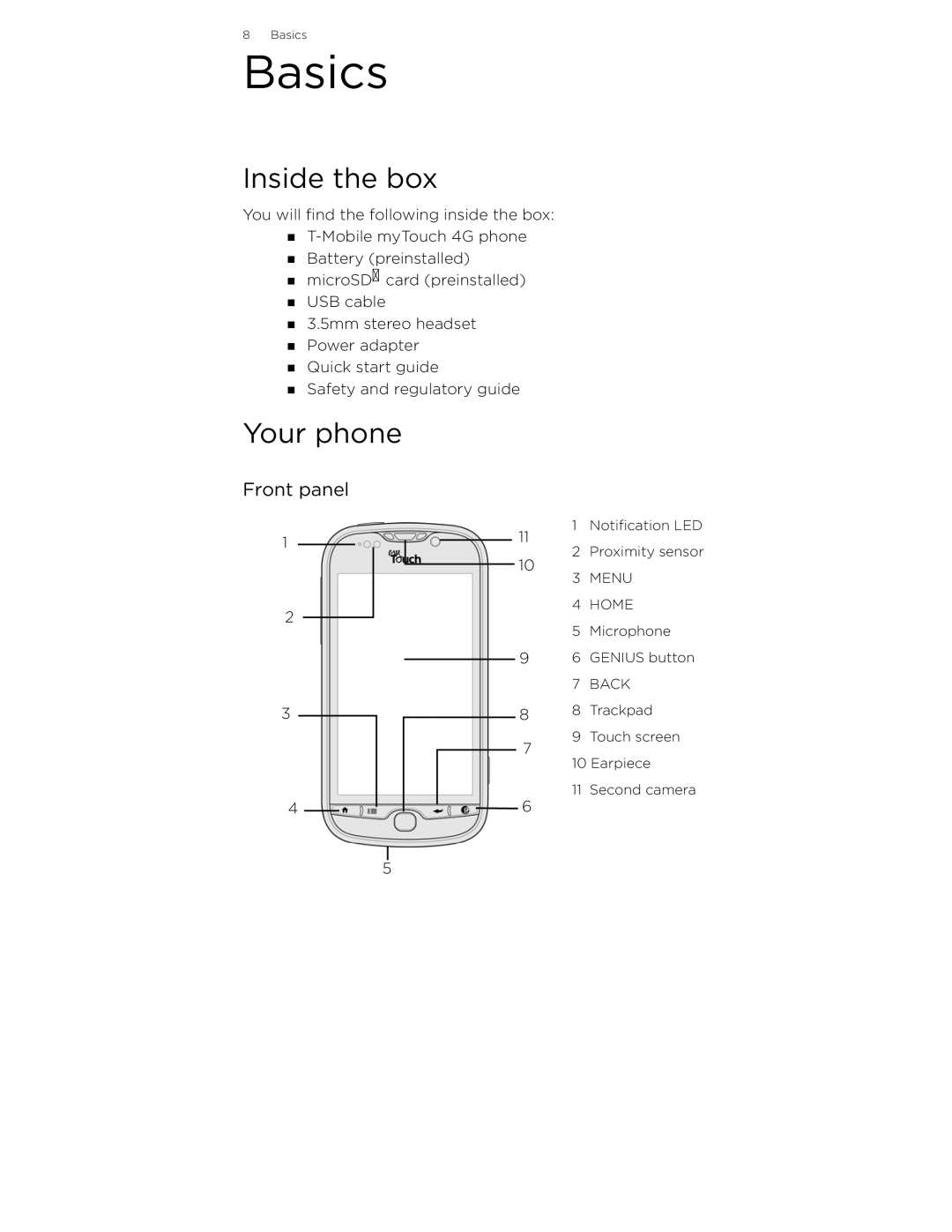 HTC 99HLR002-00 manual Basics, Inside the box, Your phone, Front panel 