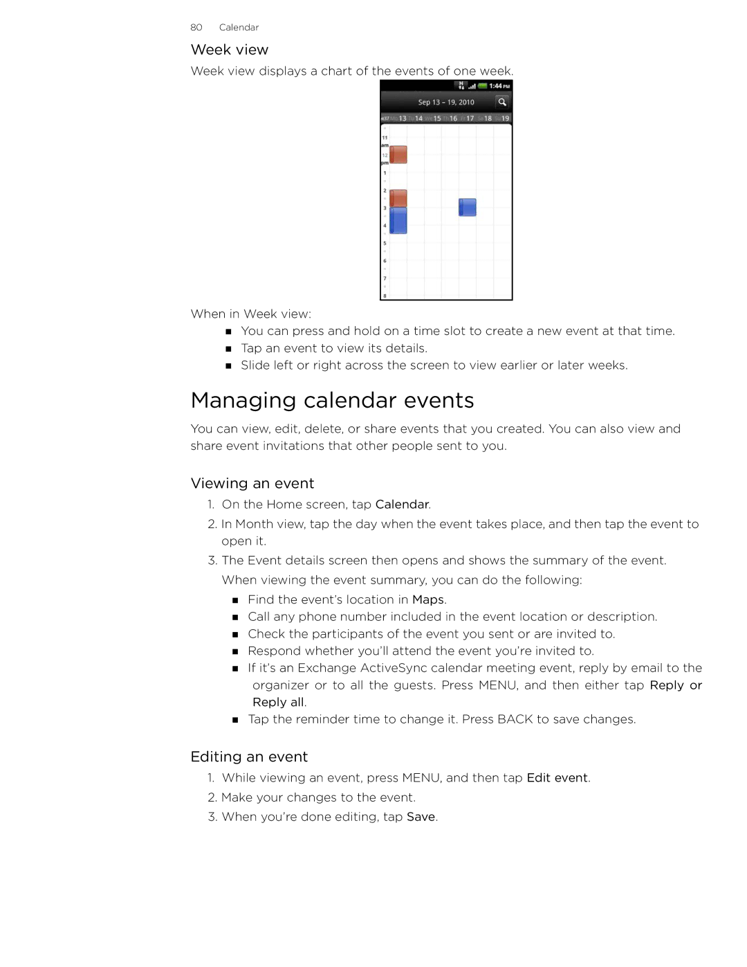 HTC 99HLR002-00 manual Managing calendar events, Week view, Viewing an event, Editing an event 