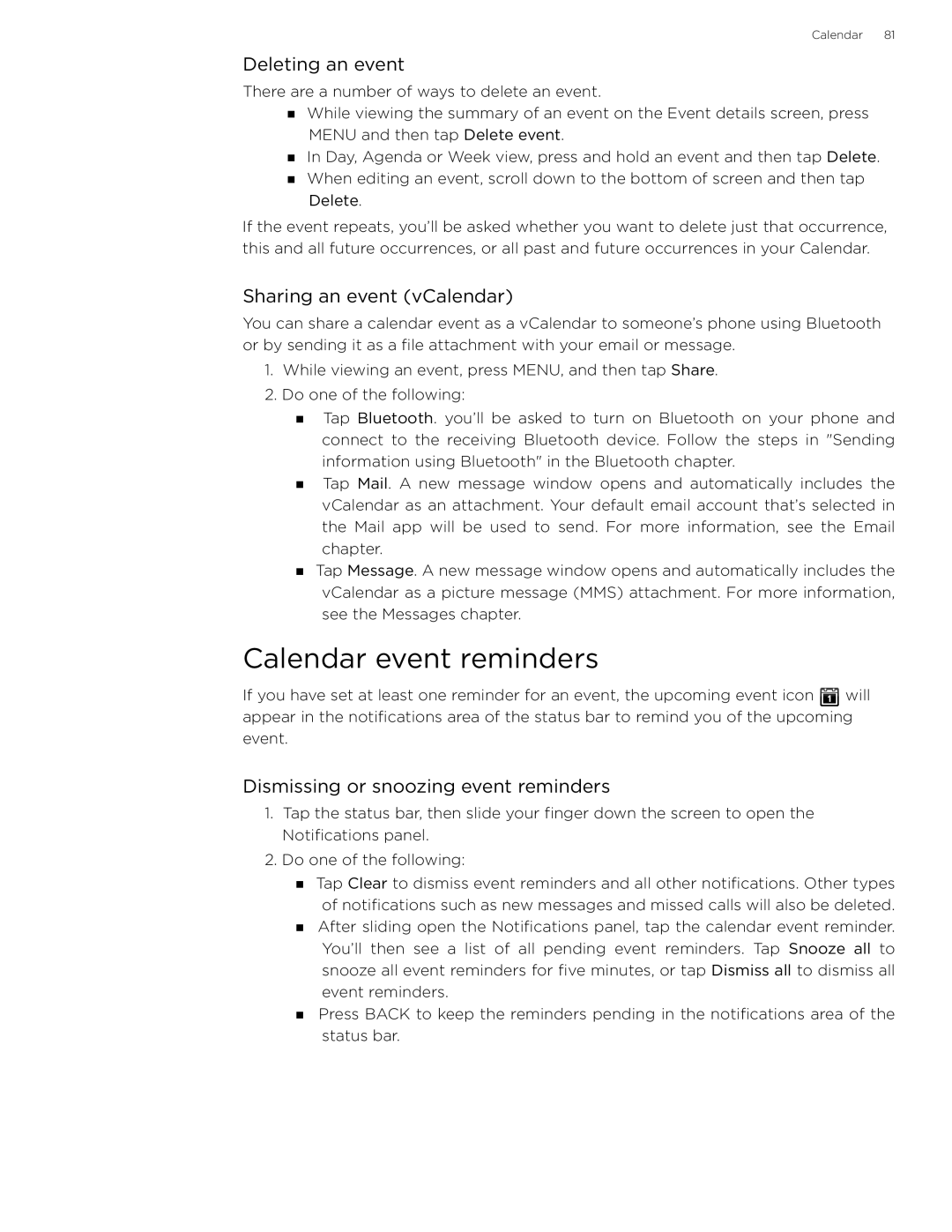 HTC 99HLR002-00 manual Calendar event reminders, Deleting an event, Sharing an event vCalendar 