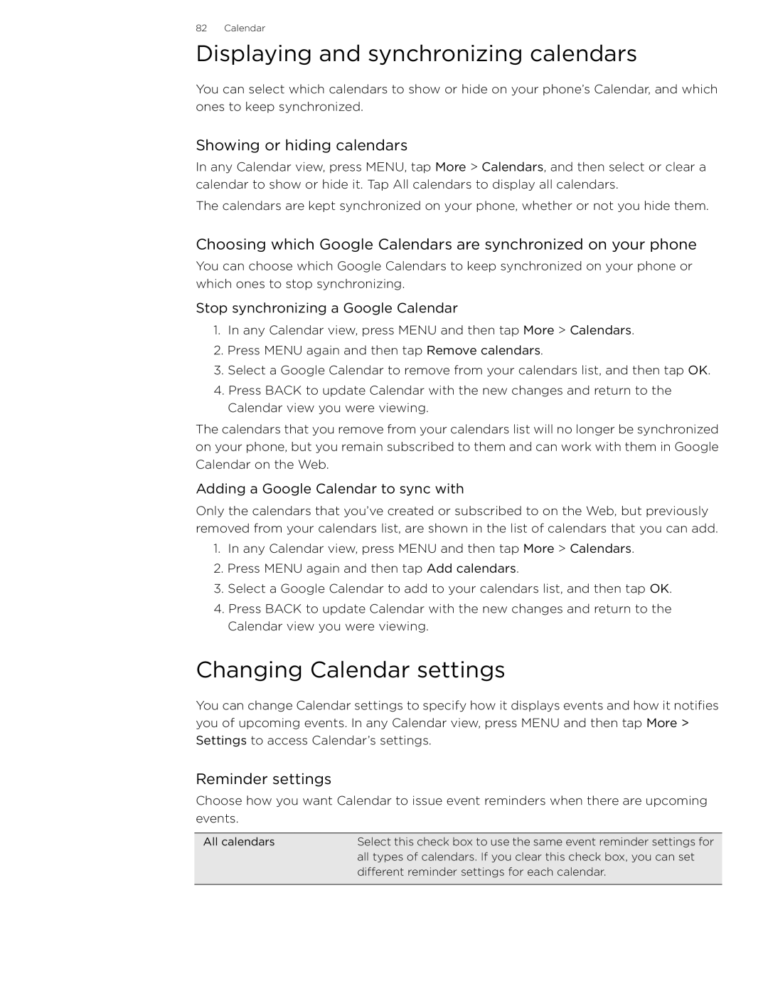 HTC 99HLR002-00 manual Displaying and synchronizing calendars, Changing Calendar settings, Showing or hiding calendars 