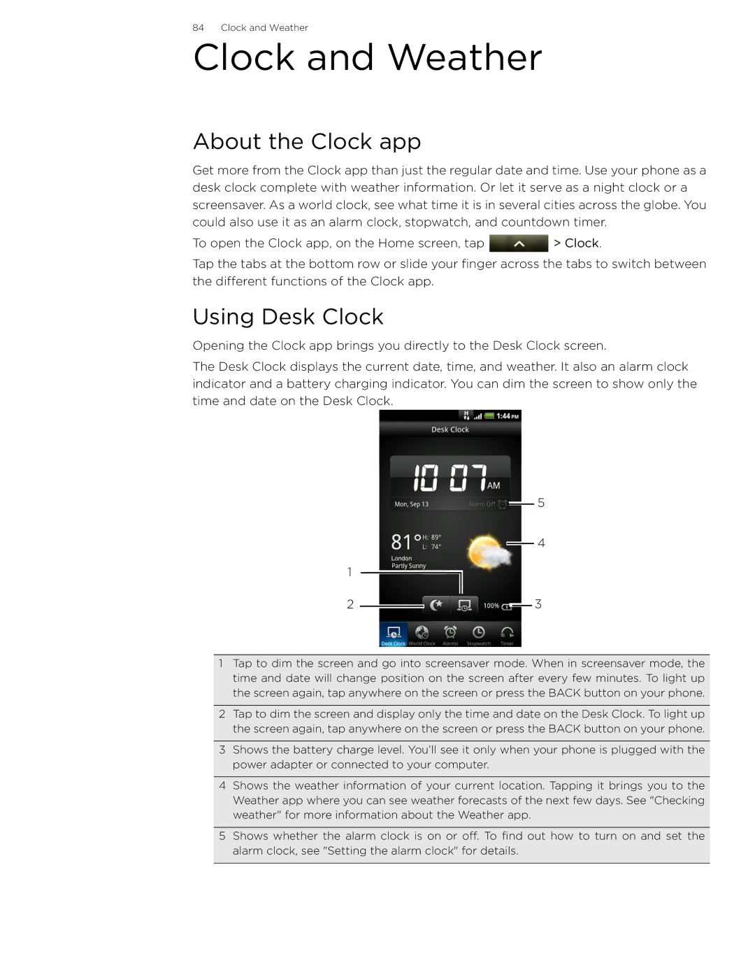 HTC 99HLR002-00 manual Clock and Weather, About the Clock app, Using Desk Clock 