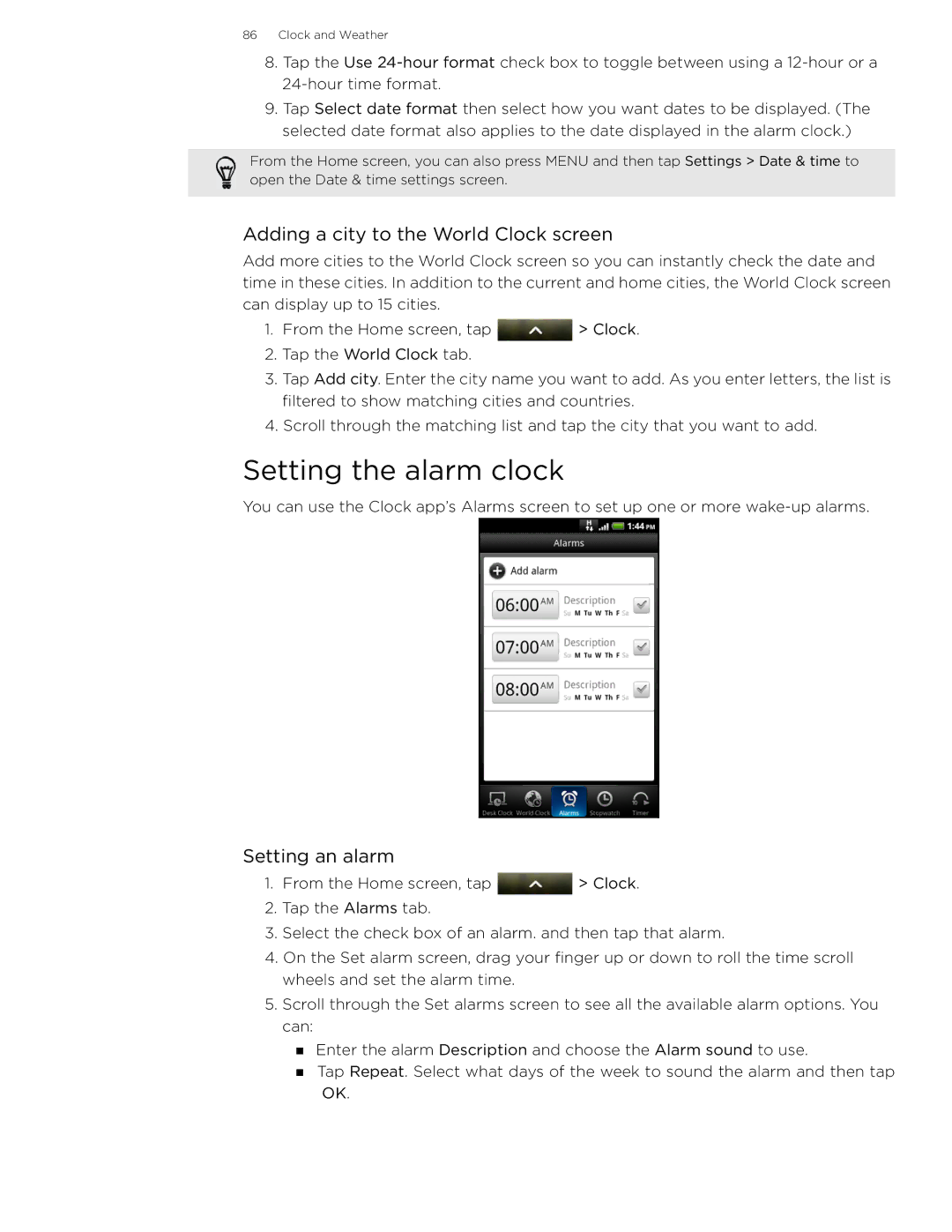 HTC 99HLR002-00 manual Setting the alarm clock, Adding a city to the World Clock screen, Setting an alarm 