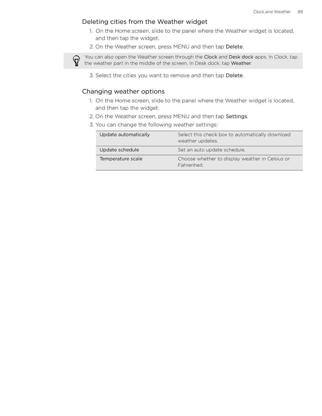 HTC 99HLR002-00 manual Deleting cities from the Weather widget, Changing weather options 