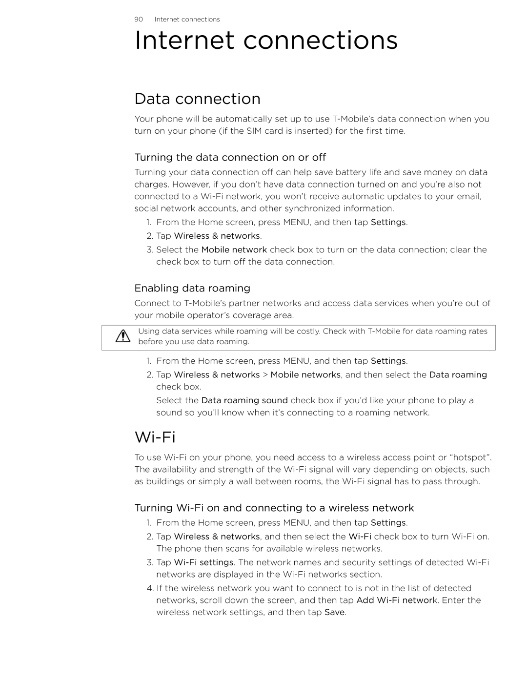 HTC 99HLR002-00 manual Internet connections, Data connection, Wi-Fi 