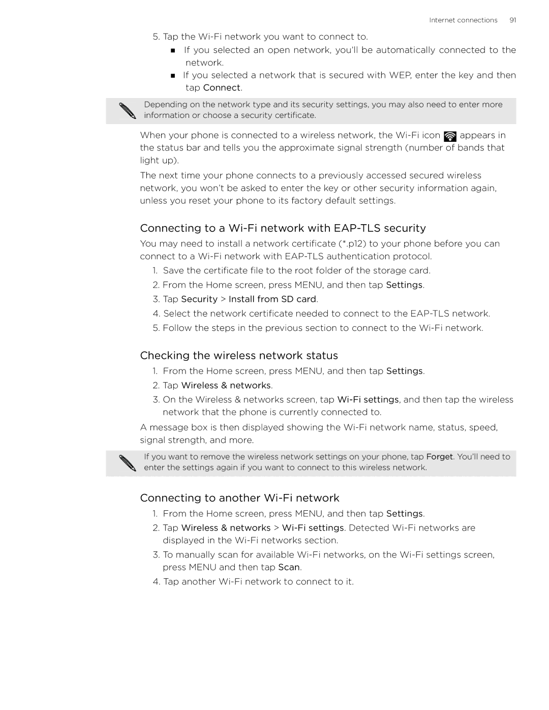 HTC 99HLR002-00 manual Connecting to a Wi-Fi network with EAP-TLS security, Checking the wireless network status 