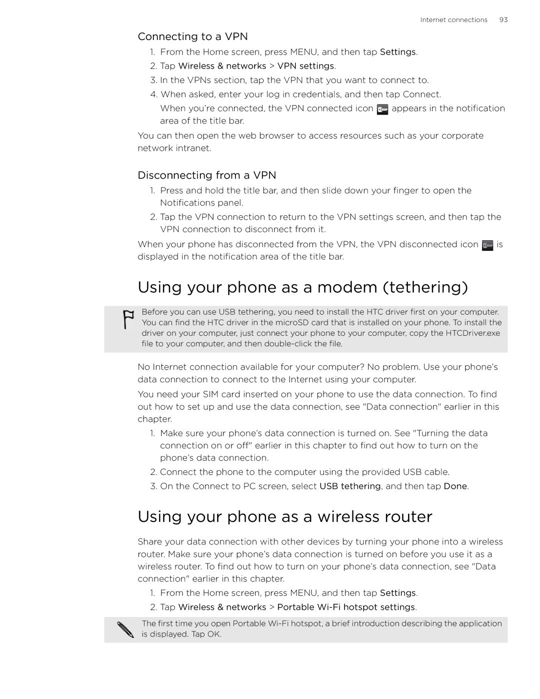 HTC 99HLR002-00 manual Using your phone as a modem tethering, Using your phone as a wireless router, Connecting to a VPN 