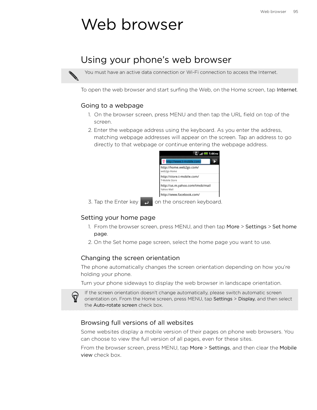 HTC 99HLR002-00 manual Web browser, Using your phone’s web browser 