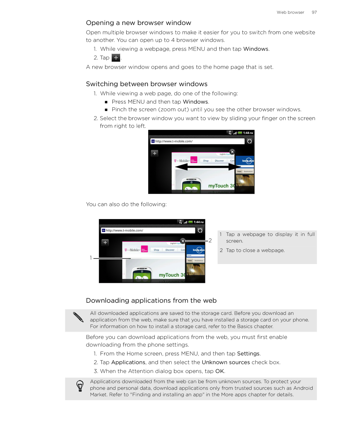 HTC 99HLR002-00 Opening a new browser window, Switching between browser windows, Downloading applications from the web 