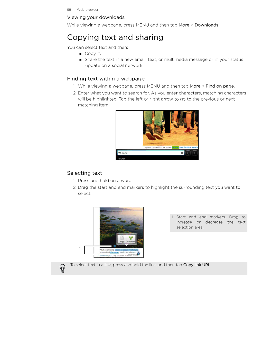 HTC 99HLR002-00 manual Copying text and sharing, Finding text within a webpage, Viewing your downloads 