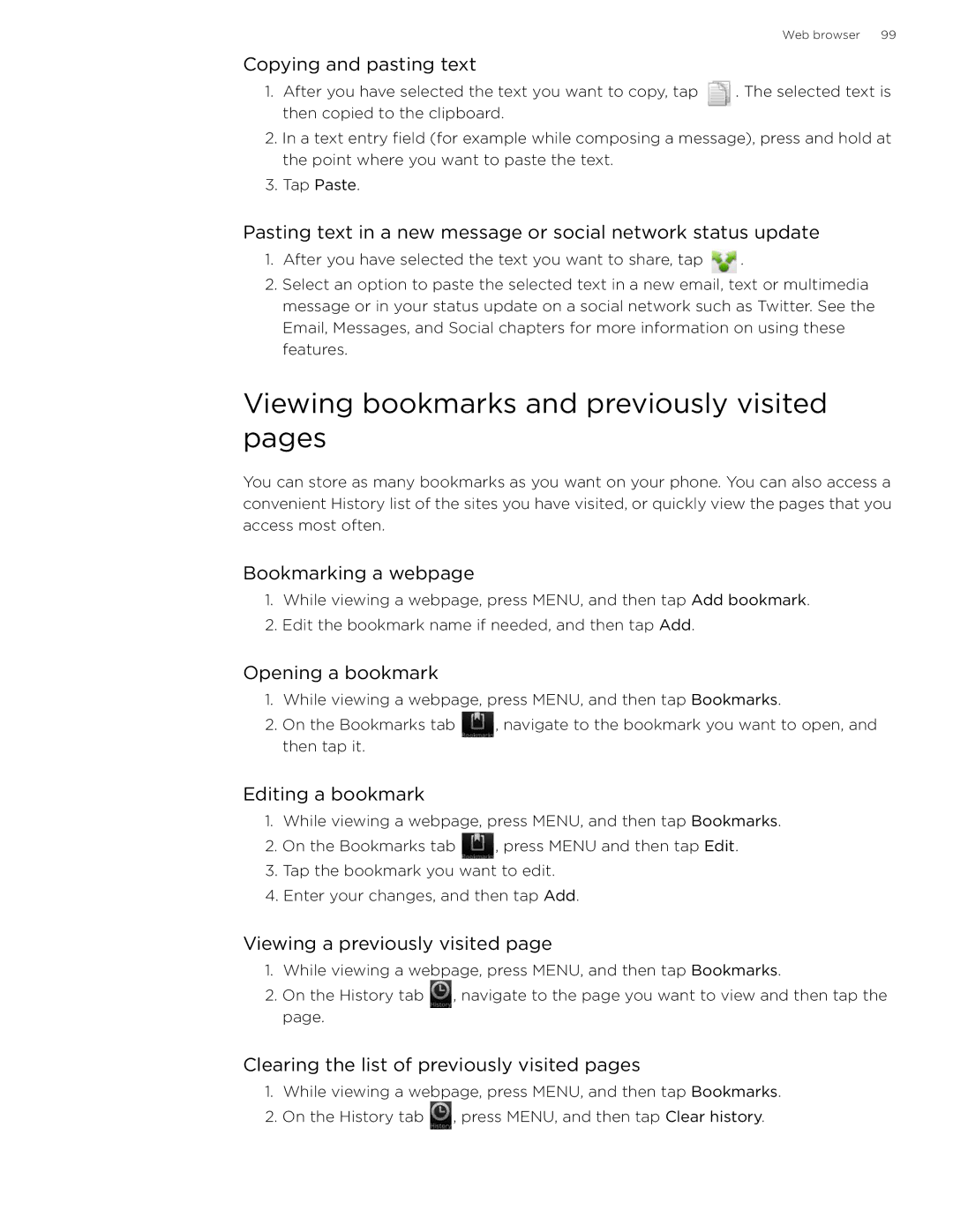 HTC 99HLR002-00 manual Viewing bookmarks and previously visited pages 