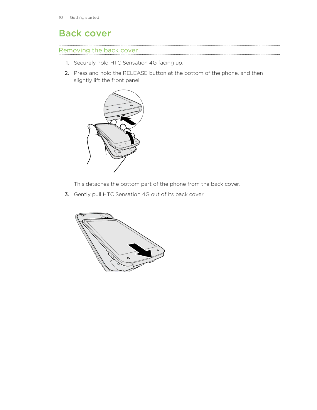 HTC 99HNA034-00 manual Back cover, Removing the back cover 