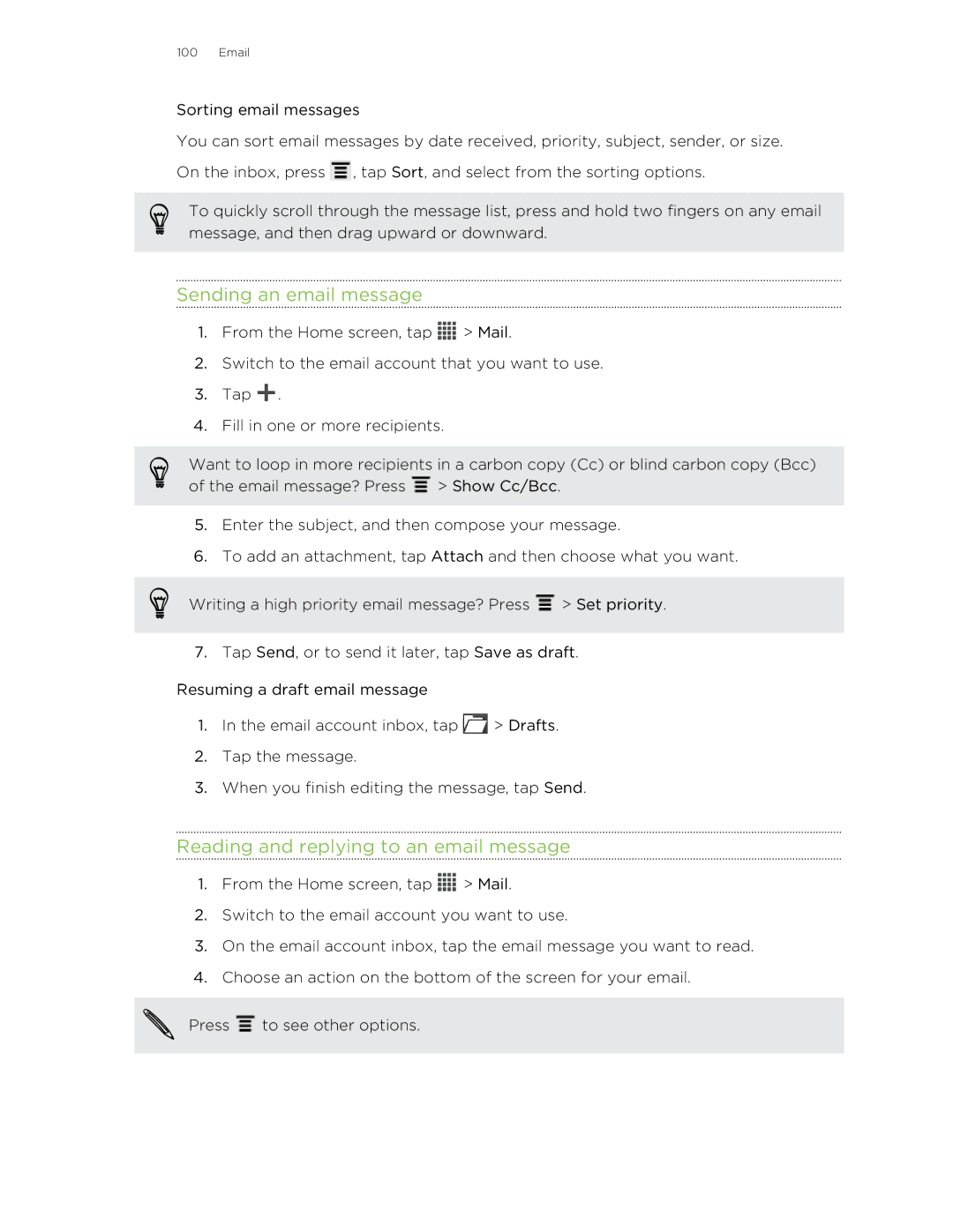 HTC 99HNA034-00 manual Sending an email message, Reading and replying to an email message 