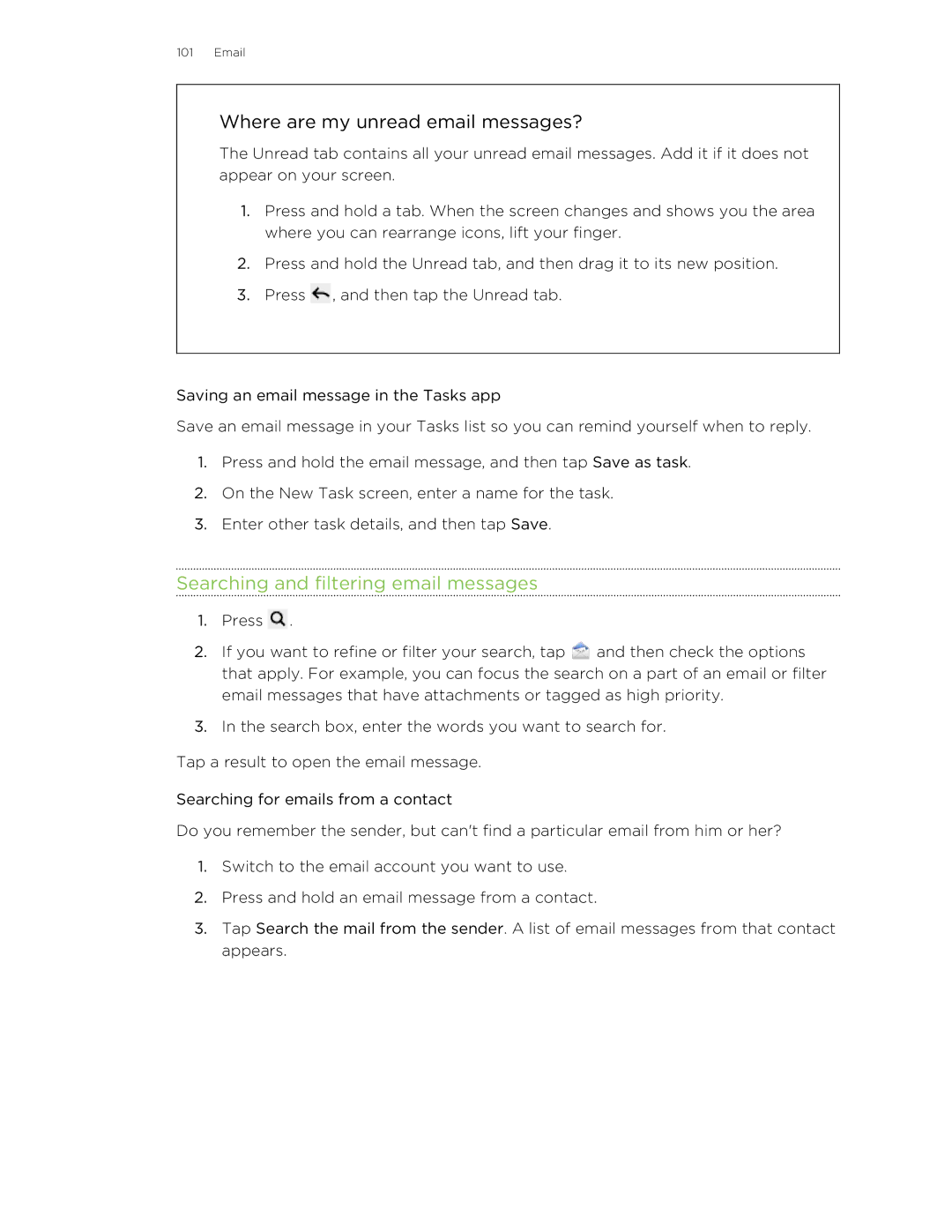 HTC 99HNA034-00 manual Where are my unread email messages?, Searching and filtering email messages 