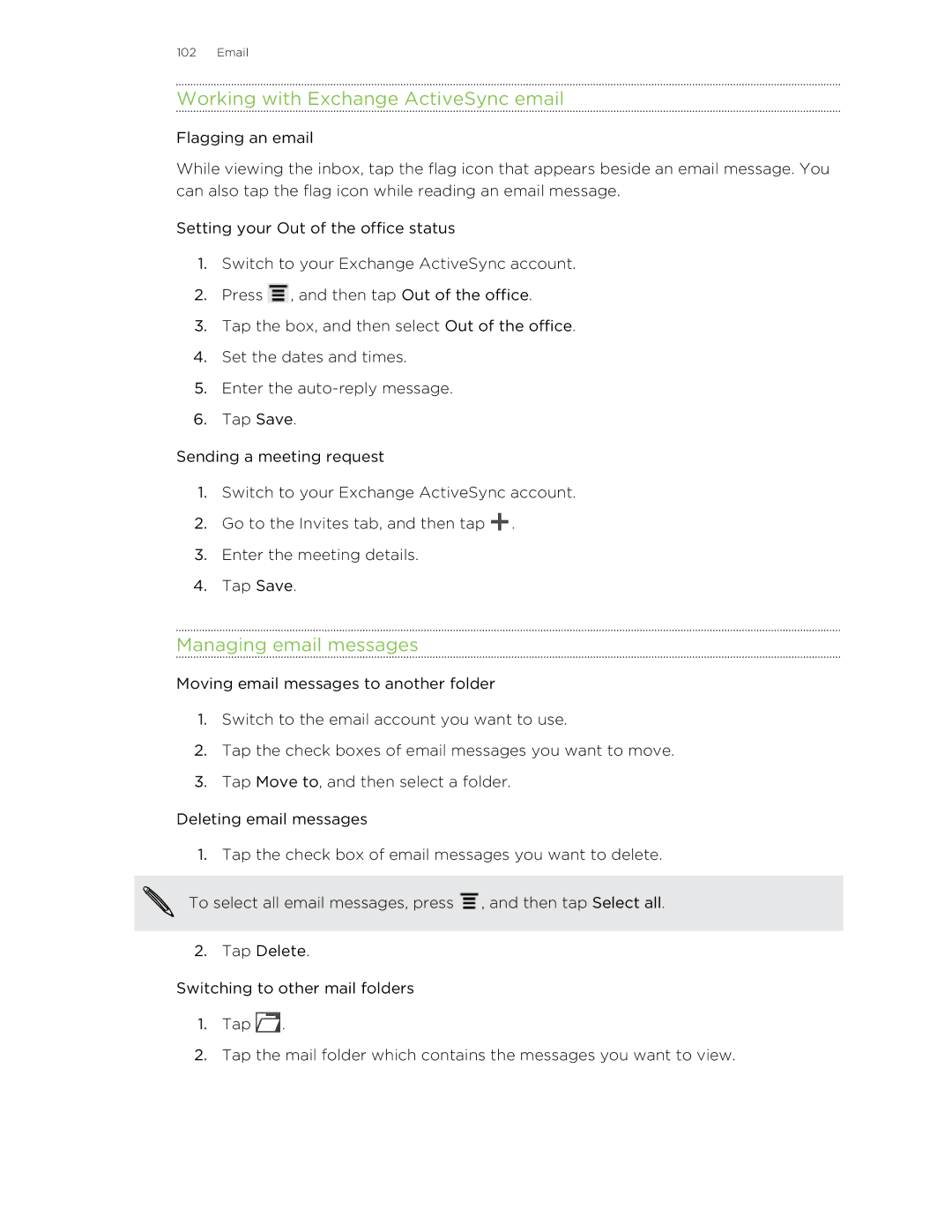 HTC 99HNA034-00 manual Working with Exchange ActiveSync email, Managing email messages 