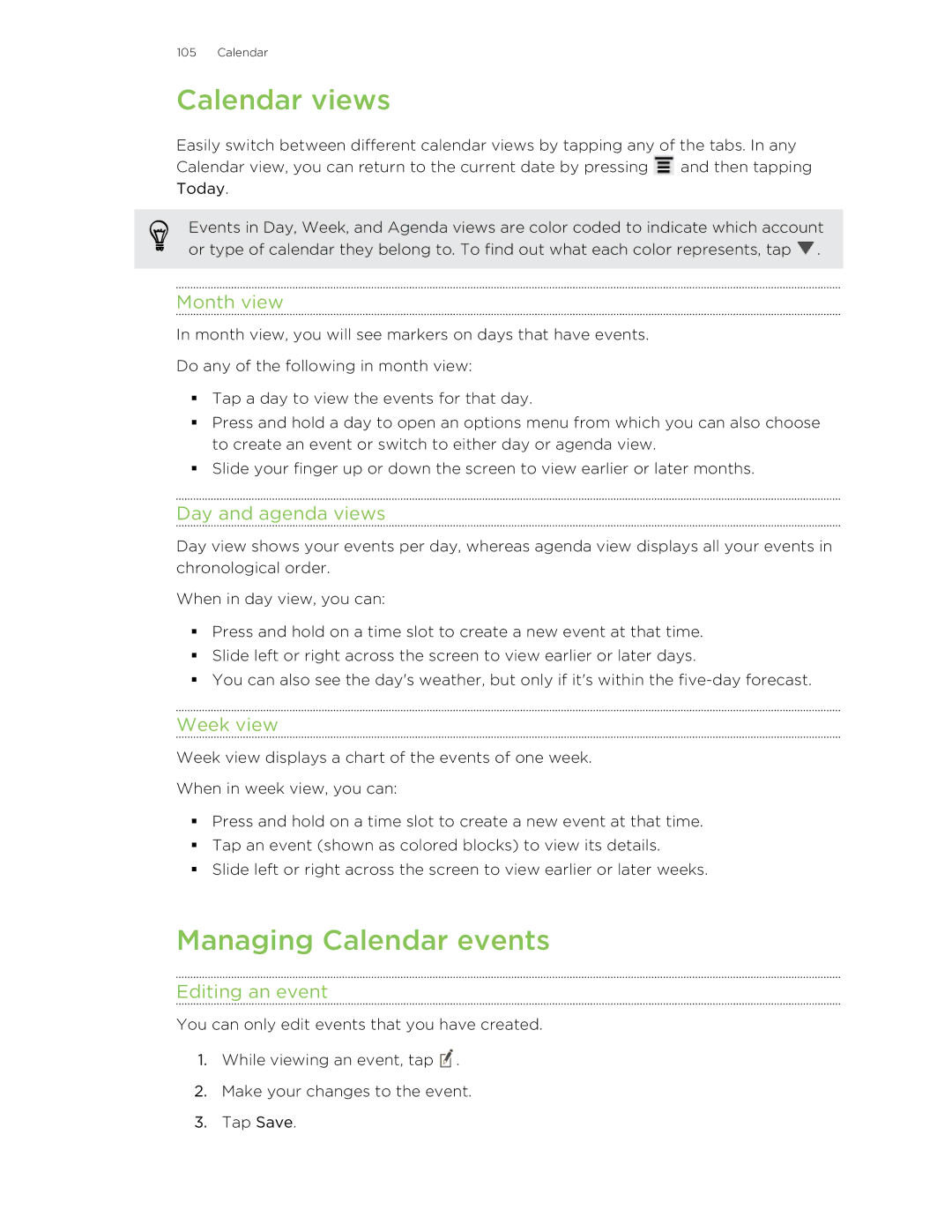 HTC 99HNA034-00 manual Calendar views, Managing Calendar events 