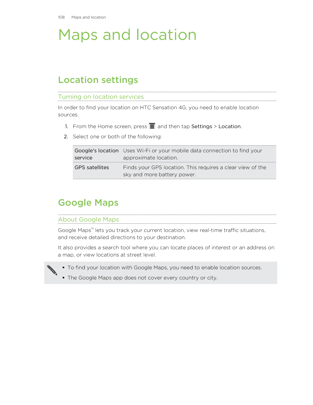 HTC 99HNA034-00 manual Maps and location, Location settings, Turning on location services, About Google Maps 