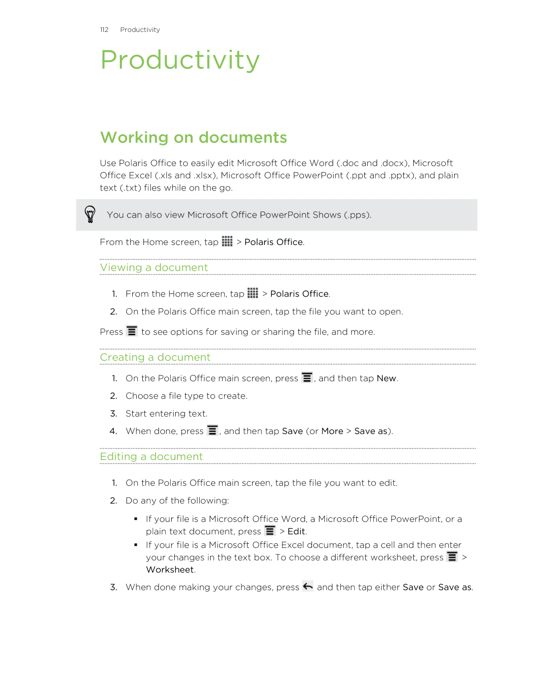 HTC 99HNA034-00 manual Productivity, Working on documents, Viewing a document, Creating a document, Editing a document 