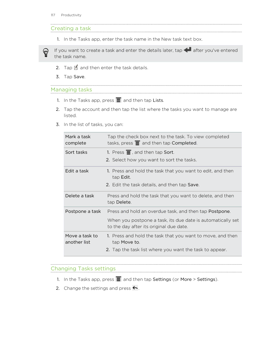 HTC 99HNA034-00 manual Creating a task, Managing tasks, Changing Tasks settings 