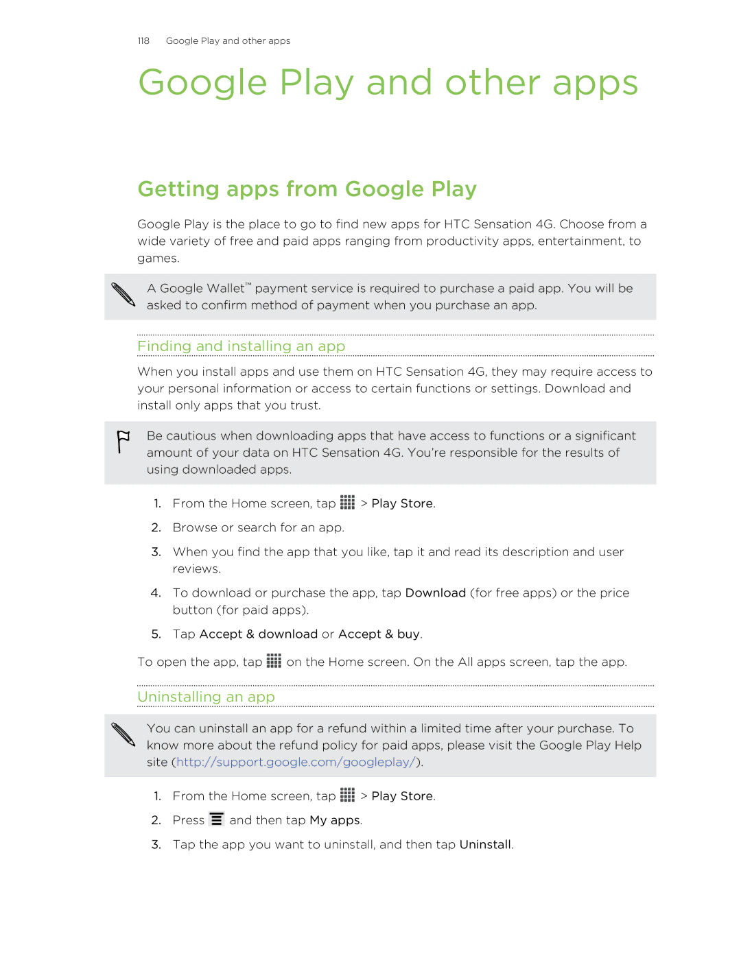 HTC 99HNA034-00 manual Google Play and other apps, Getting apps from Google Play, Finding and installing an app 